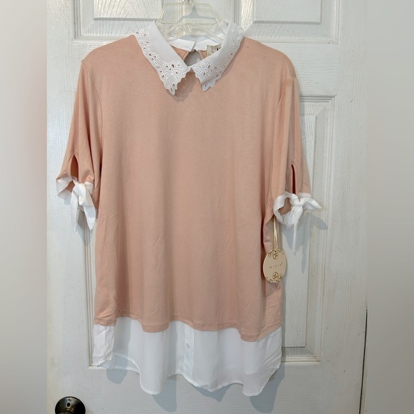NWOT “MISIA” Layered Look Peach Colored Top Embroidered White Collar - Picture 1 of 6